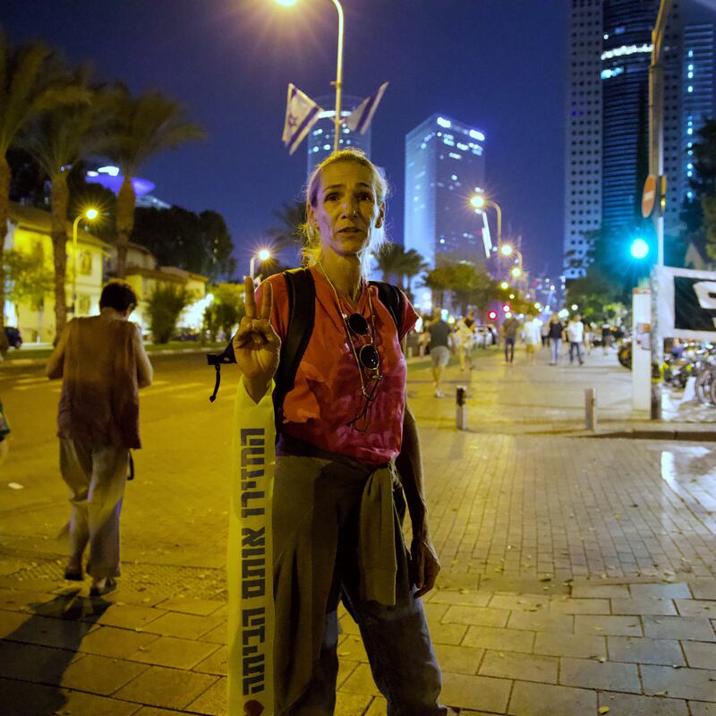 Jude Liemburg, an Israeli anti-war and anti-occupation activist, at a rally in Tel Aviv on October 28th. Photograph: Hannah McCarthy