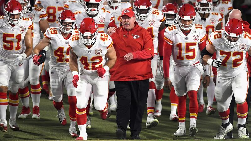 Kansas City Chiefs head coach Andy Reid  enters the field with his team before the start of the game against the Los Angeles Rams at Los Angeles Memorial Coliseum in November. Photograph: Kevork Djansezian/Getty Images