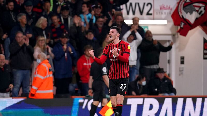 Bournemouth’s Kieffer Moore celebrates scoring his side’s goal late on in the Sky Bet Championship match against Nottingham Forest at the Vitality Stadium in Bournemouth. Photograph: John Walton/PA Wire