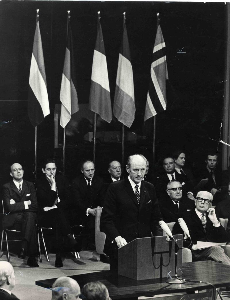 The then Taoiseach Jack Lynch speaks at the signing of the Treaty of Ireland's accession to the European Economic Community in the Great Hall of the Palais d'Egmont in Brussels in 1972. Photograph: Pat Langan