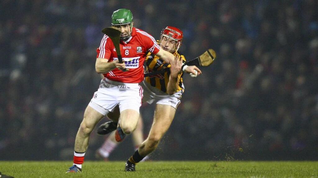 Cork’s Daniel Kearney tries to get clear of the challenge of Kilkenny’s Cillian Buckley during the Allianz Hurling League Division 1A clash at Páirc Uí Rinn in Cork. Photograph: Ken Sutton/Inpho