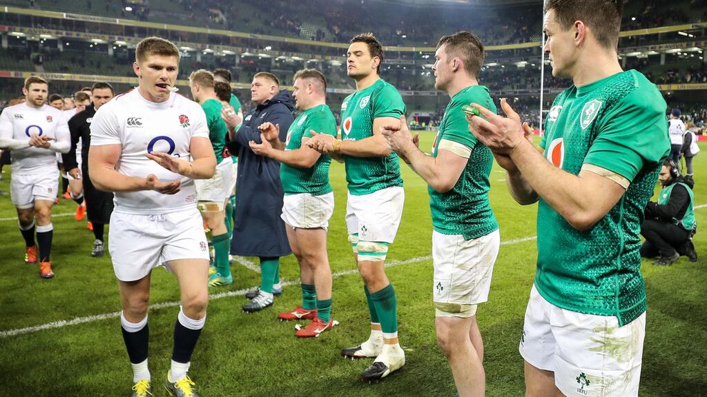 Johnny Sexton claps England’s Owen Farrell off the pitch following the home defeat in the Six Nations which inflicted significant psychological damage on Ireland. Photograph: Billy Stickland/Inpho