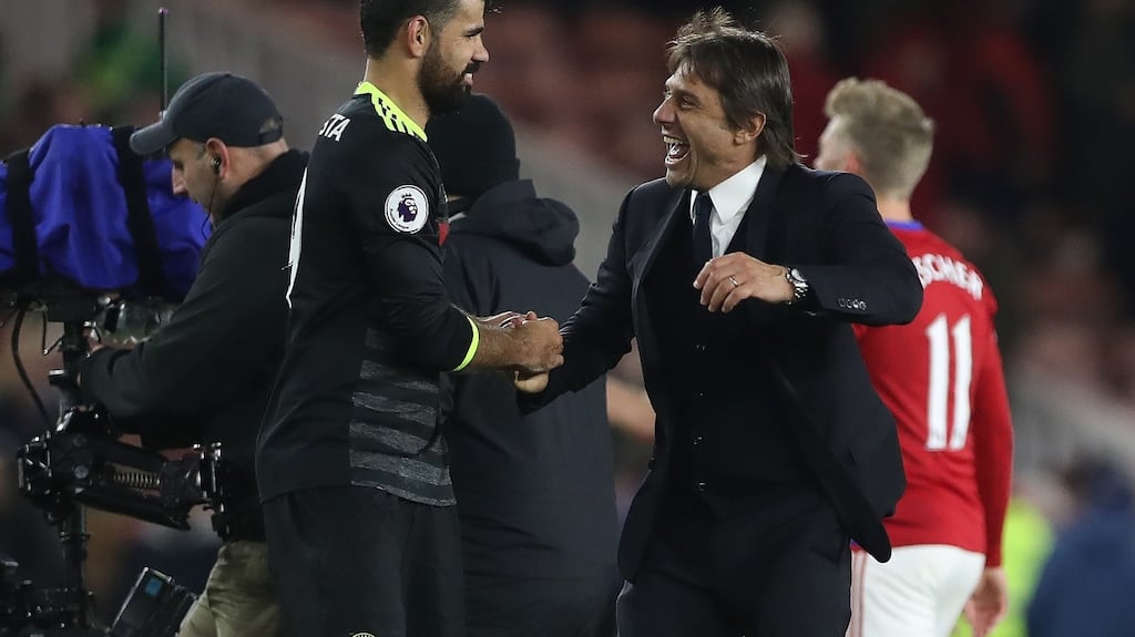 Diego Costa celebrates with Chelsea manager Antonio Conte after their Premier League win over Middlesbrough. Photo: Getty Images
