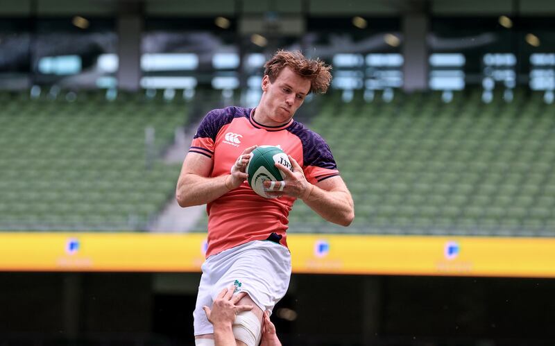 Ryan Baird rises high at the Ireland Rugby Captain's Run on Friday in the Aviva Stadium. Photograph: Dan Sheridan/Inpho