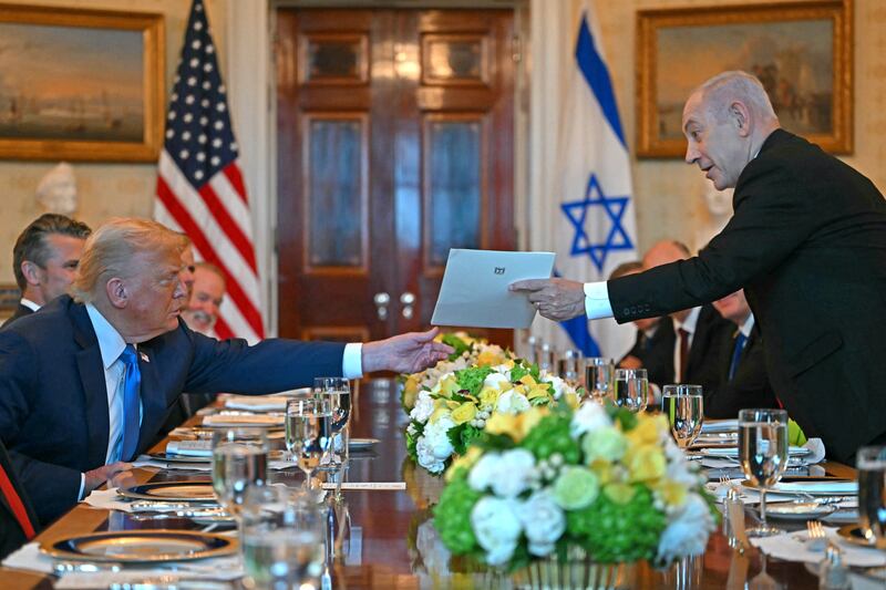 Israeli prime minister Binyamin Netanyahu recently presented US president Donald Trump with a copy of a letter he sent to the Nobel committee recommending Trump for the peace prize. Photograph: Andrew Caballero-Reynolds/AFP via Getty Images