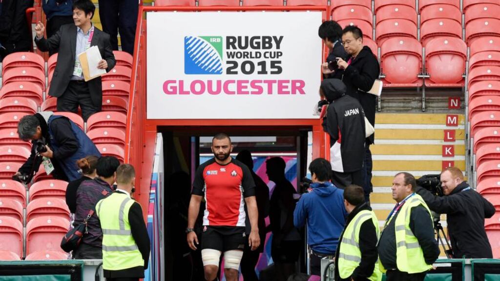 Japan’s Michael Leitch arrives for training ahead of Wednesday night’s game versus Scotland. Photograph: Rebecca Naden/Reuters
