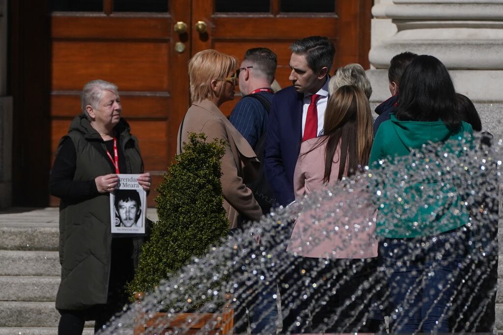 Taoiseach Simon Harris with families of the survivors and victims of the Stardust fire at Government Buildings at the weekend. Photograph: Brian Lawless/PA