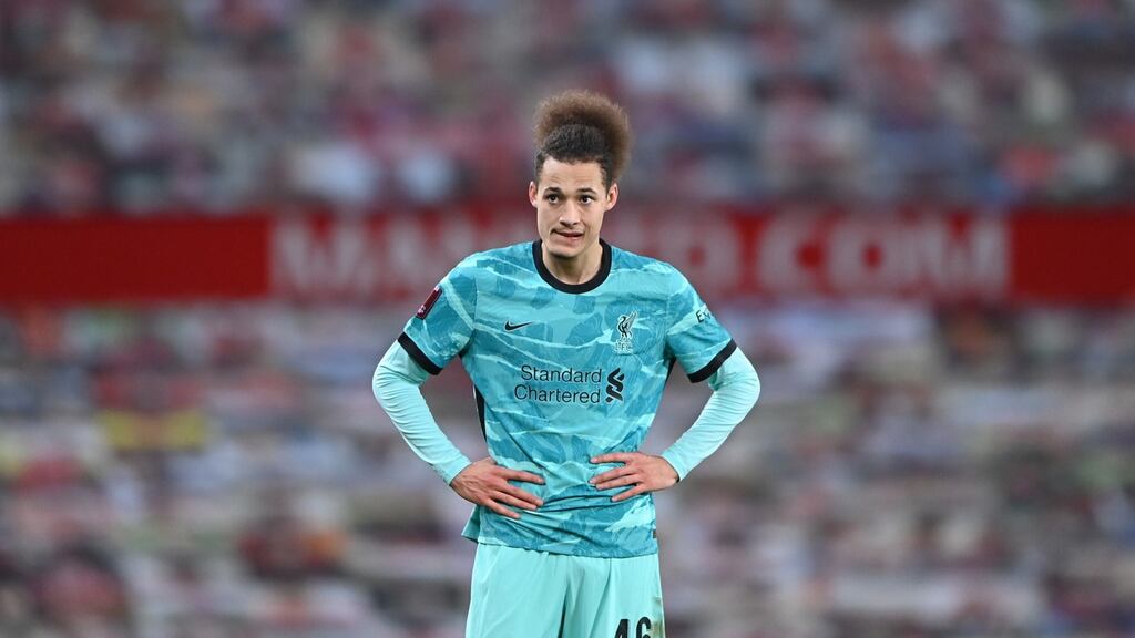 Rhys Williams reacts during the FA Cup fourth round match against Manchester United at Old Trafford. Photo: Laurence Griffiths/Getty Images