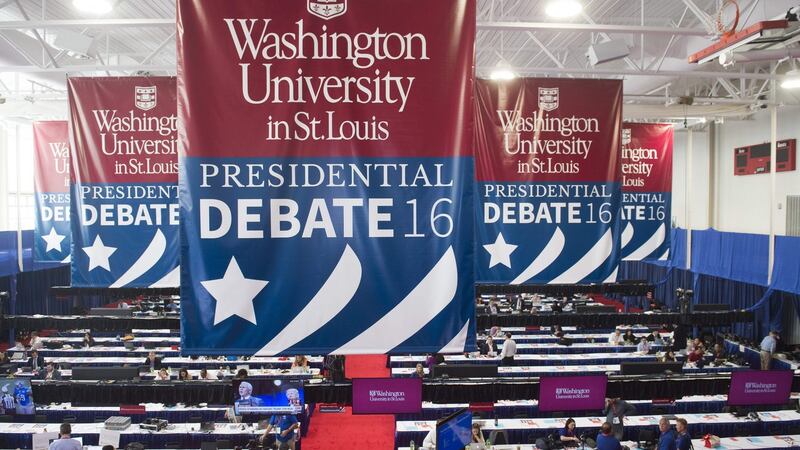 The media centre is seen prior to the second presidential debate between US Democratic presidential nominee Hillary Clinton and Republican counterpart Donald Trump at Washington University in St Louis, Missouri. Photograph: Saul Loeb/AFP/Getty Images