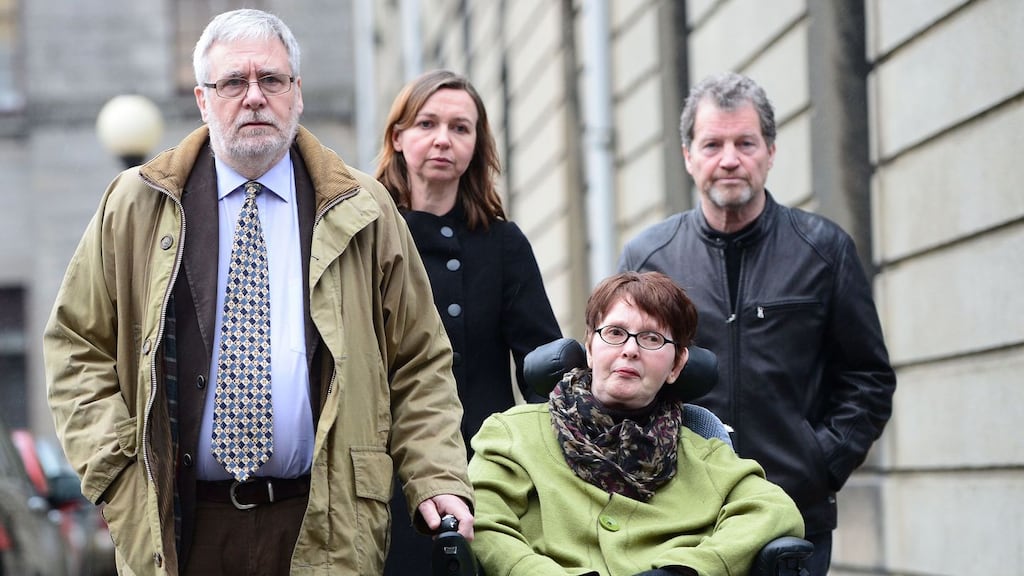 Tom Curran (left) and Marie Fleming (front right) at the High Court after losing her case challenging the absolute ban on assisted suicide. Mr Curran was in the Dáil today when the subject was raised. Photograph: Alan Betson/The Irish Times.