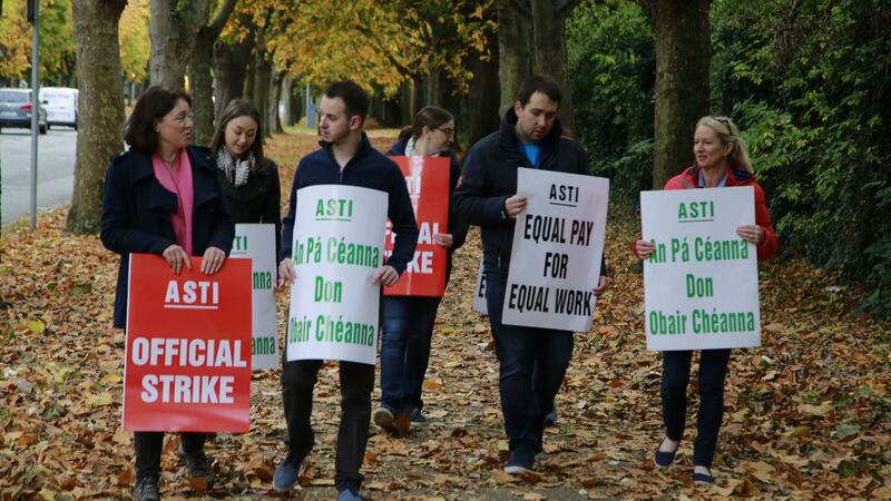 Striking ASTI members last November at Dominican College, Griffith Avenue, Dublin. Photograph Nick Bradshaw