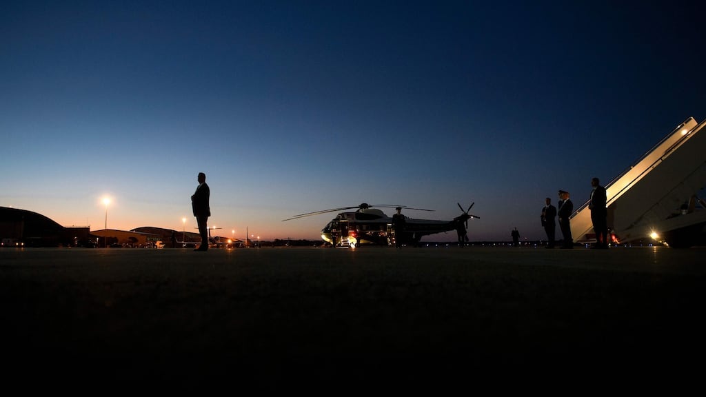 A member of the Secret Service stands guard with others as US president Barack Obama arrives at Andrews Air Force Base on June 29th, 2016 in Maryland. Photograph: Brendan Smialowski/AFP/Getty Images