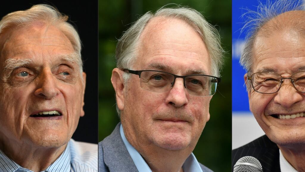 From left: American professor and solid-state physicist, John Goodenough, British professor Stanley Whittingham and Japanese chemist Akira Yoshino. Photograph: Daniel Leal-Olivas,Christof Stache, Kazuhiro Nogi/AFP via Getty Images