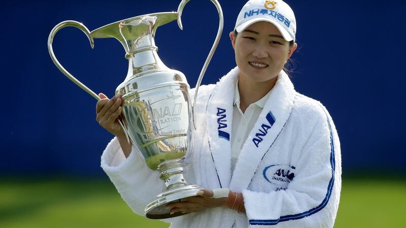 Mirim Lee celebrates after winning the ANA Inspiration. Photograph: Jeff Gross/Getty