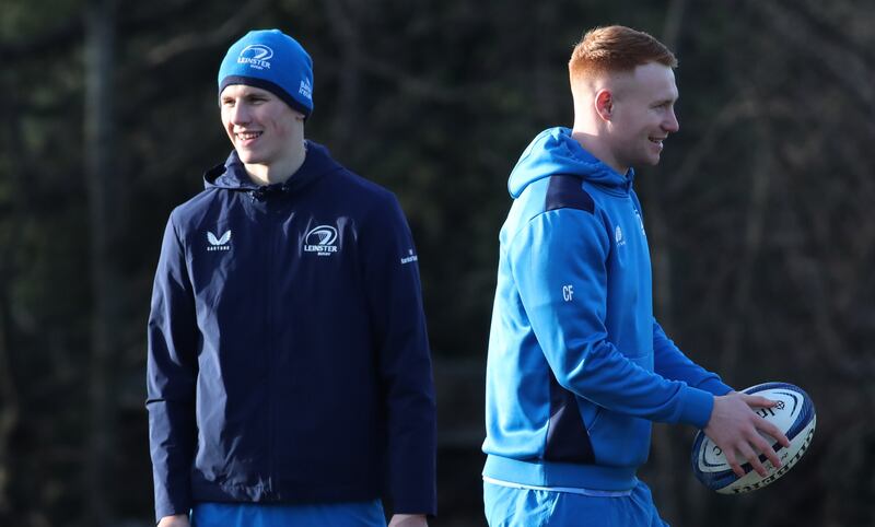 Sam Prendergast and Ciaran Frawley during Leinster training on Monday. Photograph: Nick Elliott/Inpho