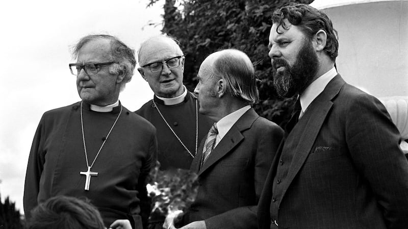 The Archbishop of Canterbury, Dr Runcie; the Archbishop of Dublin, Dr McAdoo; President Hillery and Terry Waite, adviser to Dr Runcie, at Áras an Uachtaráin in 1981. Photograph: Pat Langan