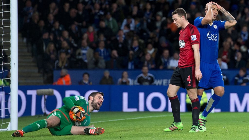 Leonardo Ulloa couldn’t repeat his weekend heroics against West Bromwich Albion on Tuesday night as Leicester were held to a 2-2 draw. Photograph: Afp