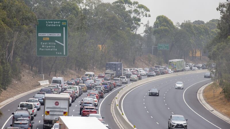 Traffic at a standstill on the M5 motorway westbound, due to a fire in Sydney, Australia, on Sunday. Photograph: Jenny Evans/Getty Images
