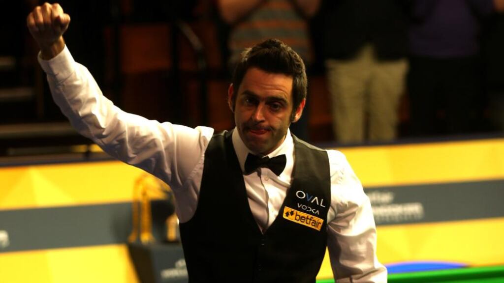 Ronnie O’Sullivan celebrates beating Judd Trump in the semi-finals of the Betfair World Championship at the Crucible Theatre in Sheffield. Photograph: Warren Little/Getty Images