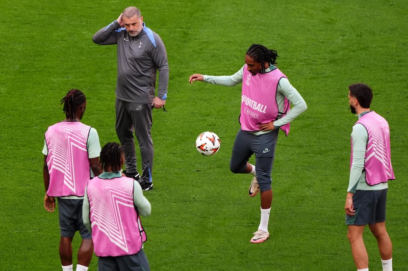 Tottenham Hotspur manager Ange Postecoglou watches his players during a training session at the Estadio de San Mames, Bilbao. Photograph: Andrew Milligan/PA