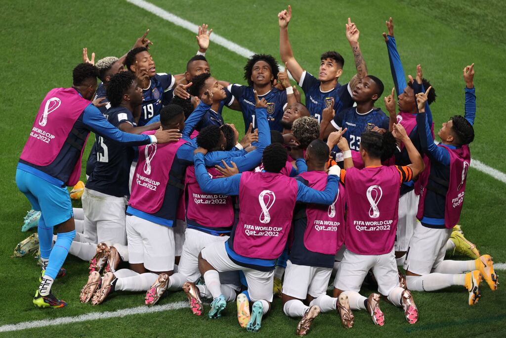 Ecuador players celebrate after Enner Valencia scored his side's equaliser in the World Cup Group A match against the Netherlands. Photograph: Adrain Dennis/AFP via Getty Images