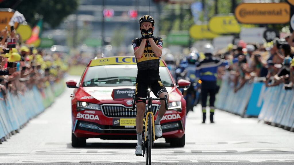 Sepp Kuss of Team Jumbo-Visma reacts while crossing the finish line to win the 15th stage of the Tour de France from Ceret, France to Andorra la Vella, Andorra. Photo: Christophe Petit-Tesson/EPA