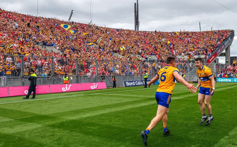 Clare’s John Conlon and Tony Kelly celebrate at the final whistle.
Photograph: INPHO/James Crombie