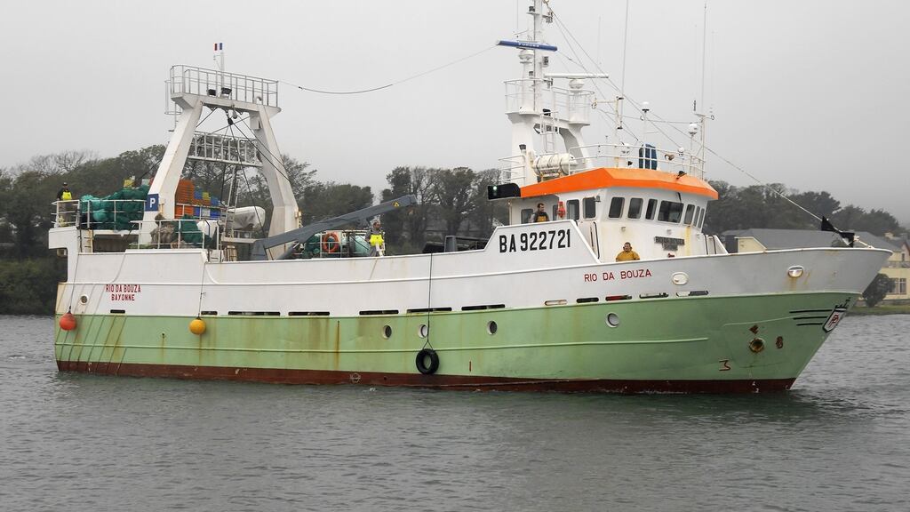The French registered fishing vessel Rio Da Bouza that recovered a partial human torso when fishing 180 miles south of Ireland and brought the remains to Castletownbere, West Cork. Photograph: Niall Duffy/WestCorkPhoto