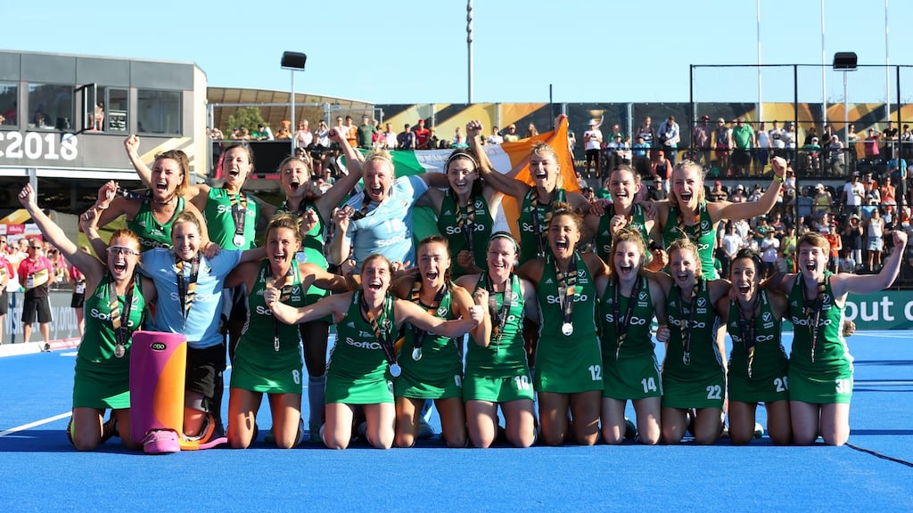 The Ireland women’s hockey team celebrate with their silver medals following last weekend’s World Cup Final at Lee Valley Hockey and Tennis Centre in London. Photograph: Kate McShane/Getty Images