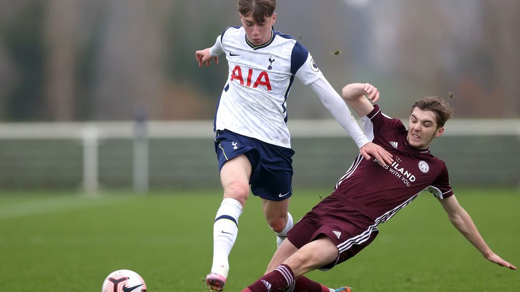 Leicester City’s Shane Flynn tackles Jack Clarke of Tottenham Hotspur during the Premier League 2 match at Tottenham Hotspur Training Centre. photograph: James Chance/Getty Images