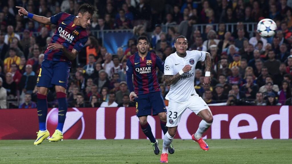 Barcelona forward Neymar scores his second goal during the Champions League quarter-final second leg against Paris Saint-Germain at the Nou Camp. Photo: Josep Lago/AFP/Getty Images
