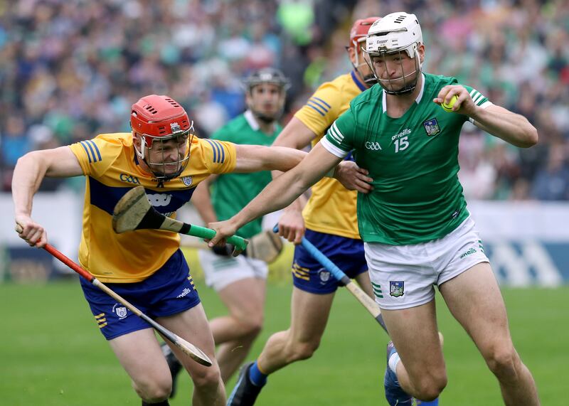 Clare's Paul Flanagan and Kyle Hayes of Limerick. Photograph: Lorraine O’Sullivan/Inpho