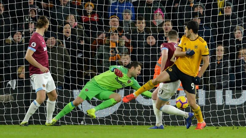 Wolverhampton Wanderers’ Raul Jimenez scores against West Ham. Photograph: Peter Powell/Reuters