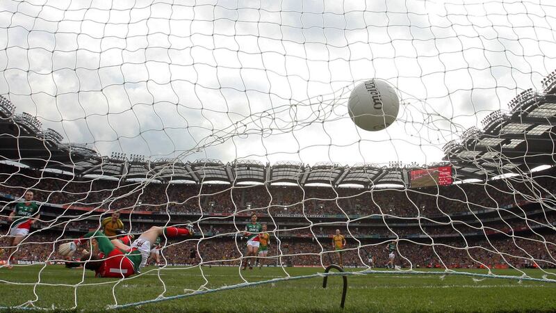 Michael Murphy scores Donegal’s early goal during the 2012 All-Ireland final against Mayo. Photo: Donall Farmer/Inpho