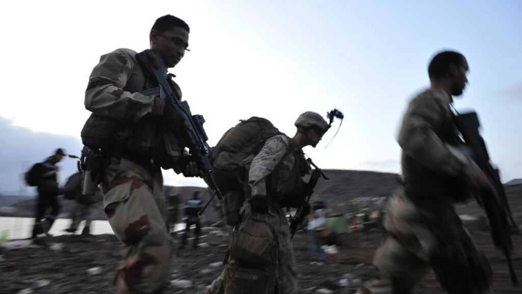 US marines arrive at the Gulf of Tadjoura beach in Djibouti, during a military drill. Photograph: Simon Maina/AFP/Getty