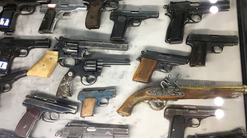 Weapons that the government says were seized from militants in Xinjiang on display at an exhibition titled “Major Violent Terrorist Attack Cases in Xinjiang”, during a government organised trip in Urumqi, Xinjiang on January 3rd. Photograph: Ben Blanchard/Reuters