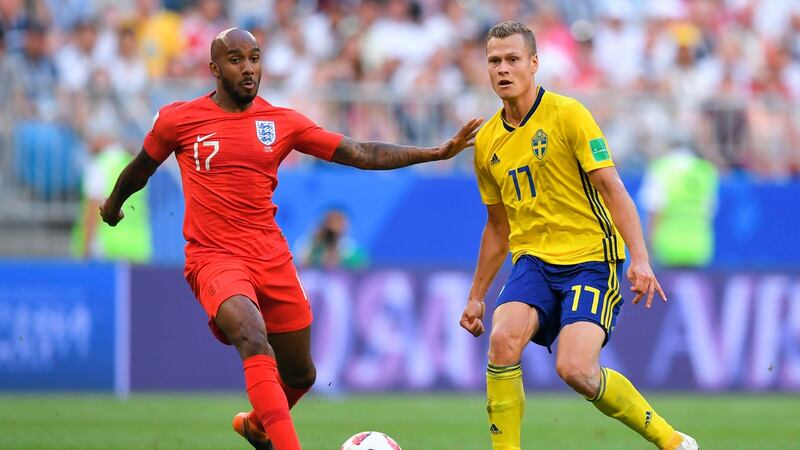 Fabian Delph, left, is being perfectly serious when he says England’s penalties against Colombia brought his wife into labour. Photograph: Manan Vatsyayana/AFP/Getty Images