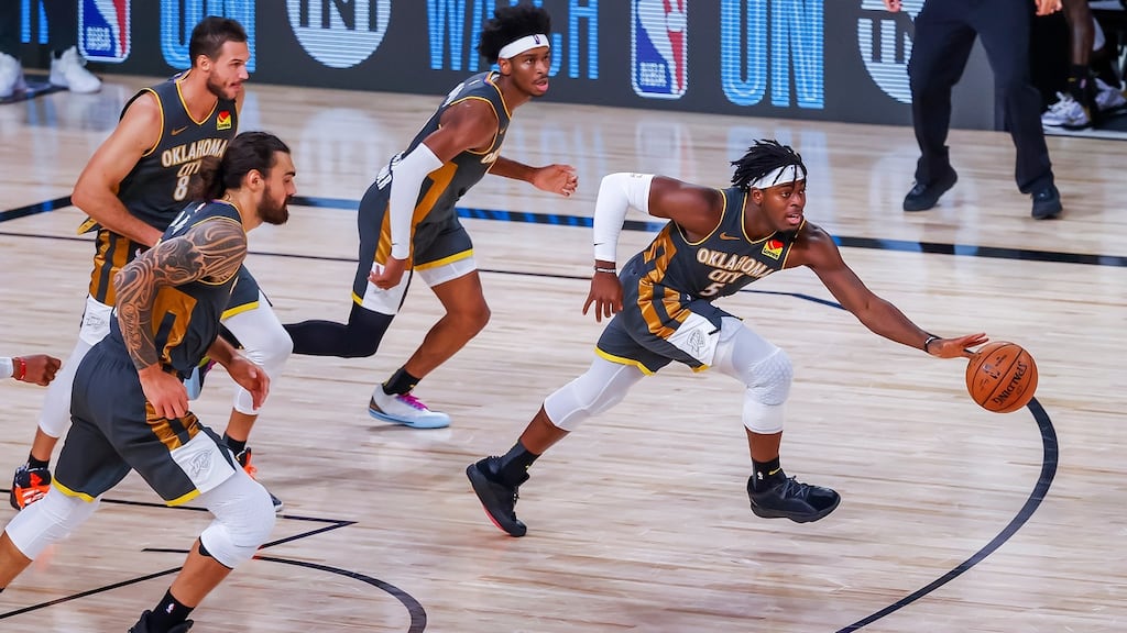 The Oklahoma City Thunder break during their Game 6 win over the Houston Rockets. Photograph: John G Mabanglo/EPA