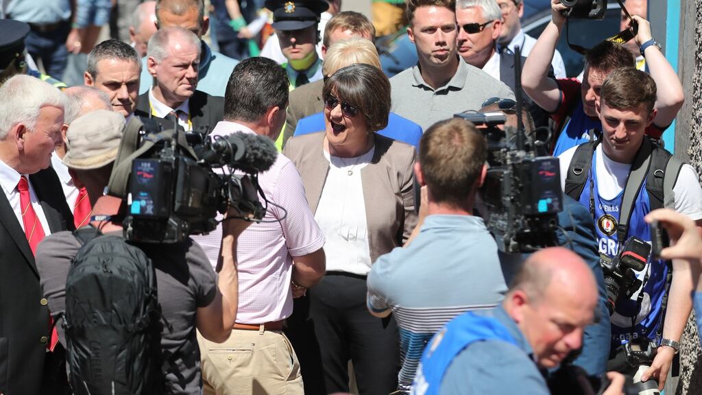 DUP Leader Arlene Foster (centre) at the Ulster final between Fermanagh and Donegal in Clones, Co Monaghan, Ireland. Photograph: Niall Carson/PA Wire