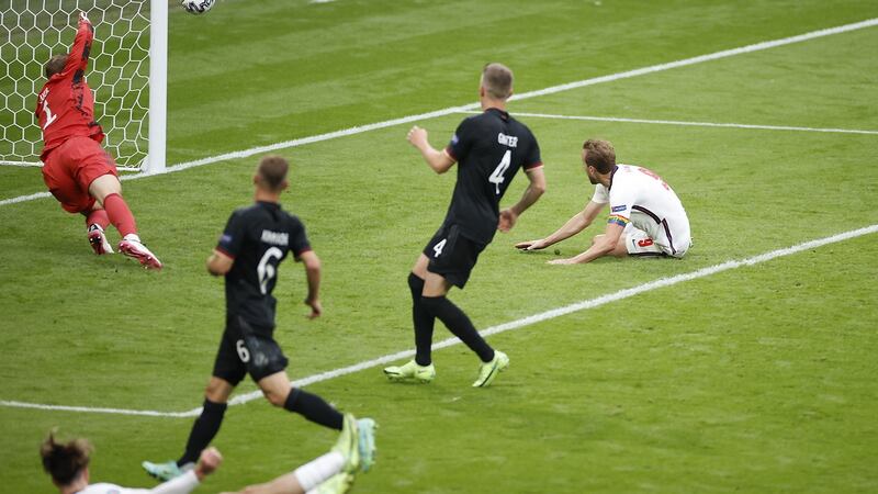 Harry Kane scores England’s second goal. Photograph: John Sibley/EPA