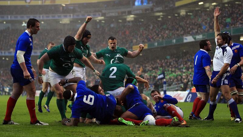 Jamie Heaslip of Ireland scores Ireland’s try in the first half. Photograph: Richard Heathcote/Getty Images