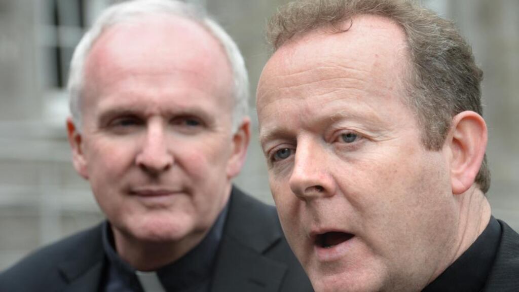 Coadjutor Archbishop of Armagh, Eamon Martin, (right) and Bishop Brendan Leahy of Limerick speaking during a press conference in Maynooth, Co Kildare earlier this week where they accused the Government of misleading the people on the abortion legislation. Photographer: Dara Mac Dónaill/The Irish Times