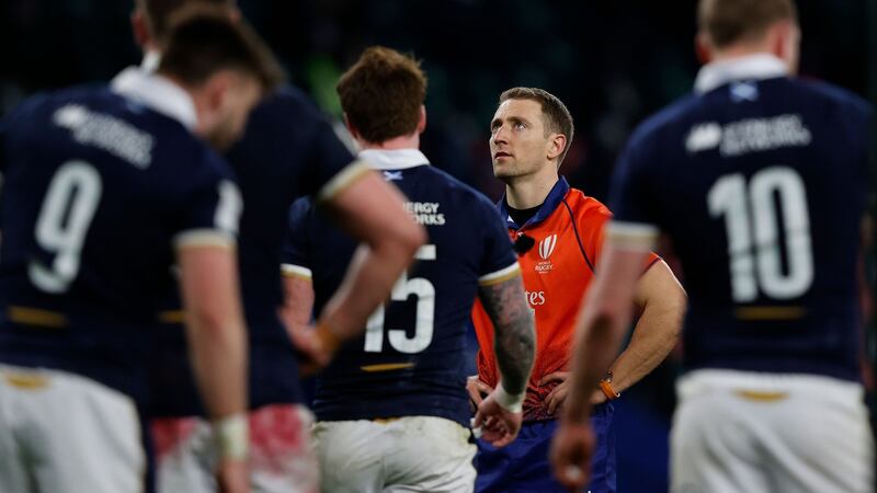 Referee Andrew Brace watches a replay before sending Scotland’s outhalf Finn Russell to the sin bin during the Six Nations match against England at Twickenham. Photograph: Adrian Dennis/AFP via Getty Images
