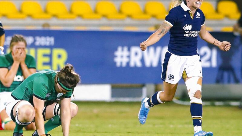 Irish players dejected after defeat to Scotland in the Rugby World Cup European Qualifying Tournament in Italy. Photograph: Matteo Ciambelli