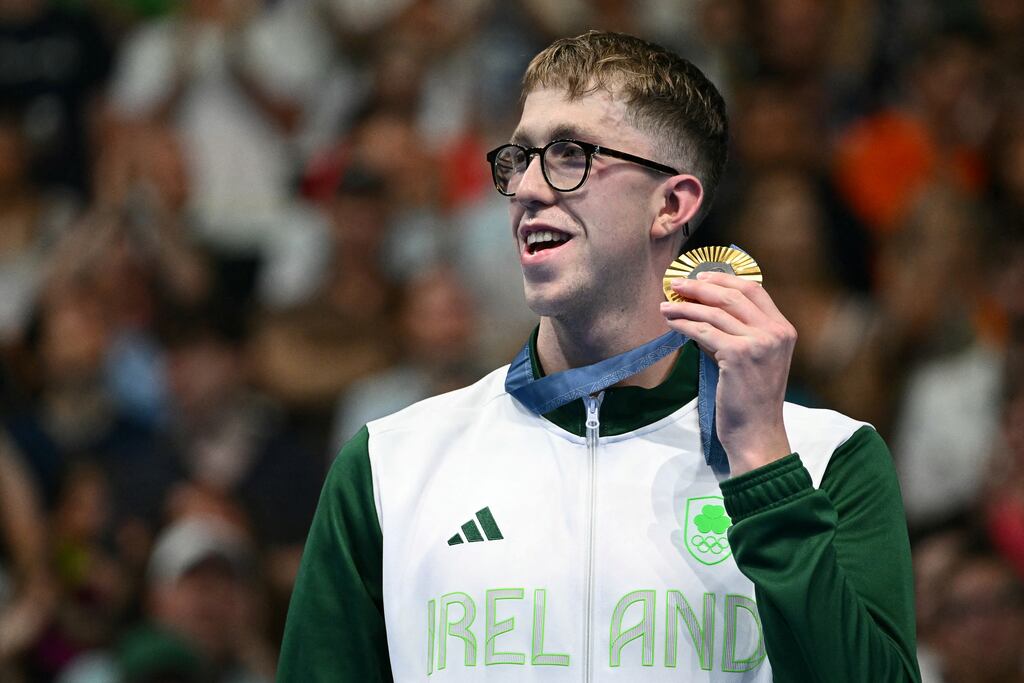 Ireland's Daniel Wiffen with his gold medal after he won the men's 800m freestyle event at the Olympics in Paris. Photograph: Sebastien Bozon AFP