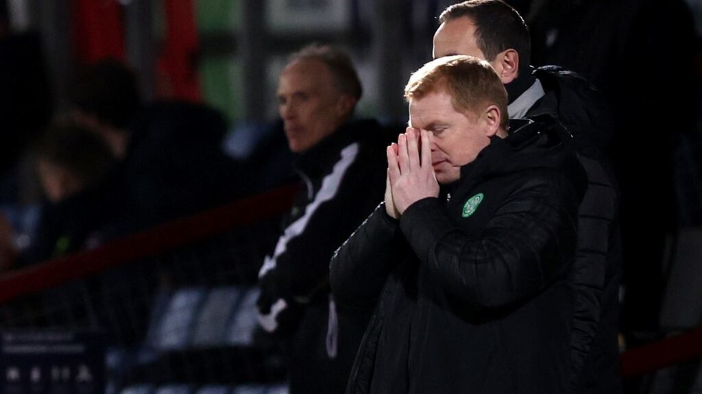Celtic manager Neil Lennon looks dejected during the Scottish Premiership match against Ross County at the Global Energy Stadium in Dundee. Photograph: Jeff Holmes/PA Wire