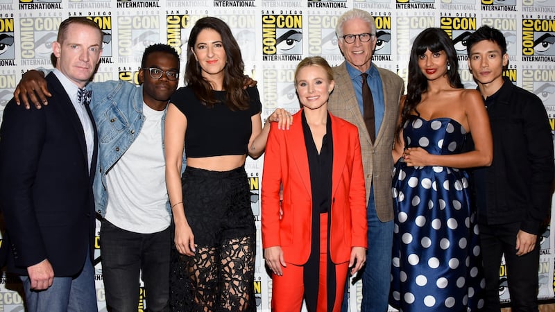 (From left) Marc Evan Jackson, William Jackson Harper, D’Arcy Carden, Kristen Bell, Ted Danson, Jameela Jamil, and Manny Jacinto attend the ‘The Good Place’ Press Line at the San Diego Comic-Con International 2018. Photograph: Getty Images