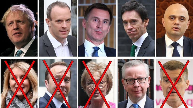 The Tory leadership candidates still standing, (left to right, top row) Boris Johnson, Dominic Raab, Jeremy Hunt, Rory Stewart, Sajid Javid and (bottom row) Michael Gove. Out of the race are (bottom row from left) Esther McVey, Matt Hancock, Andrea Leadsom and Mark Harper. Photograph: PA
