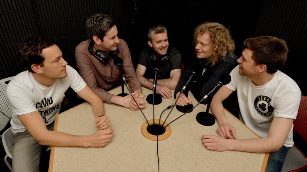 The Second Captains - Simon Hick, Ciaran Murphy, Eoin McDevitt, Ken Early and Mark Horgan - make themselves at home in The Irish Times’ studio. Photograph: David Sleator/The Irish Times