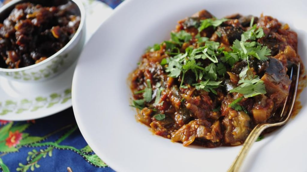 Aubergine Curry with tangy chutney.Photograph: Aidan Crawley
